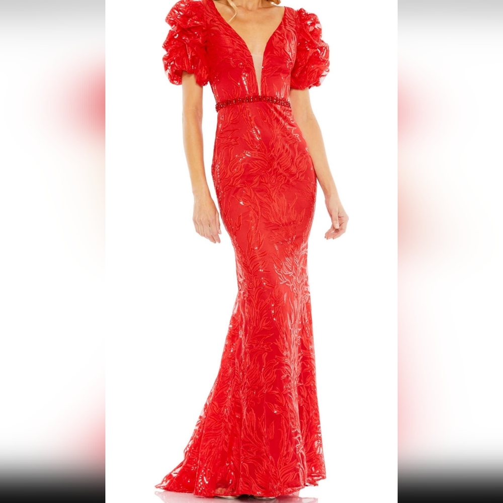 Mac Duggal lace & sequin embroidered puff sleeve dress.